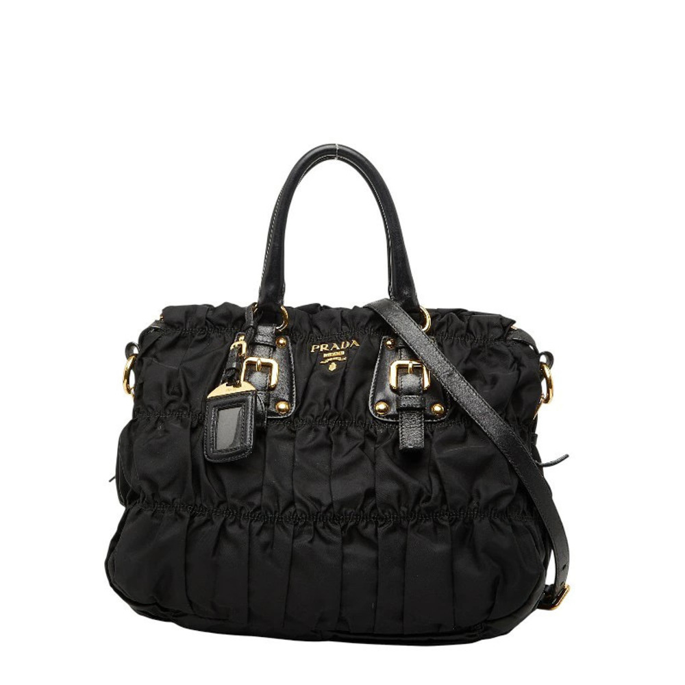 Prada Gathered Tote Bag Shoulder Black Leather
